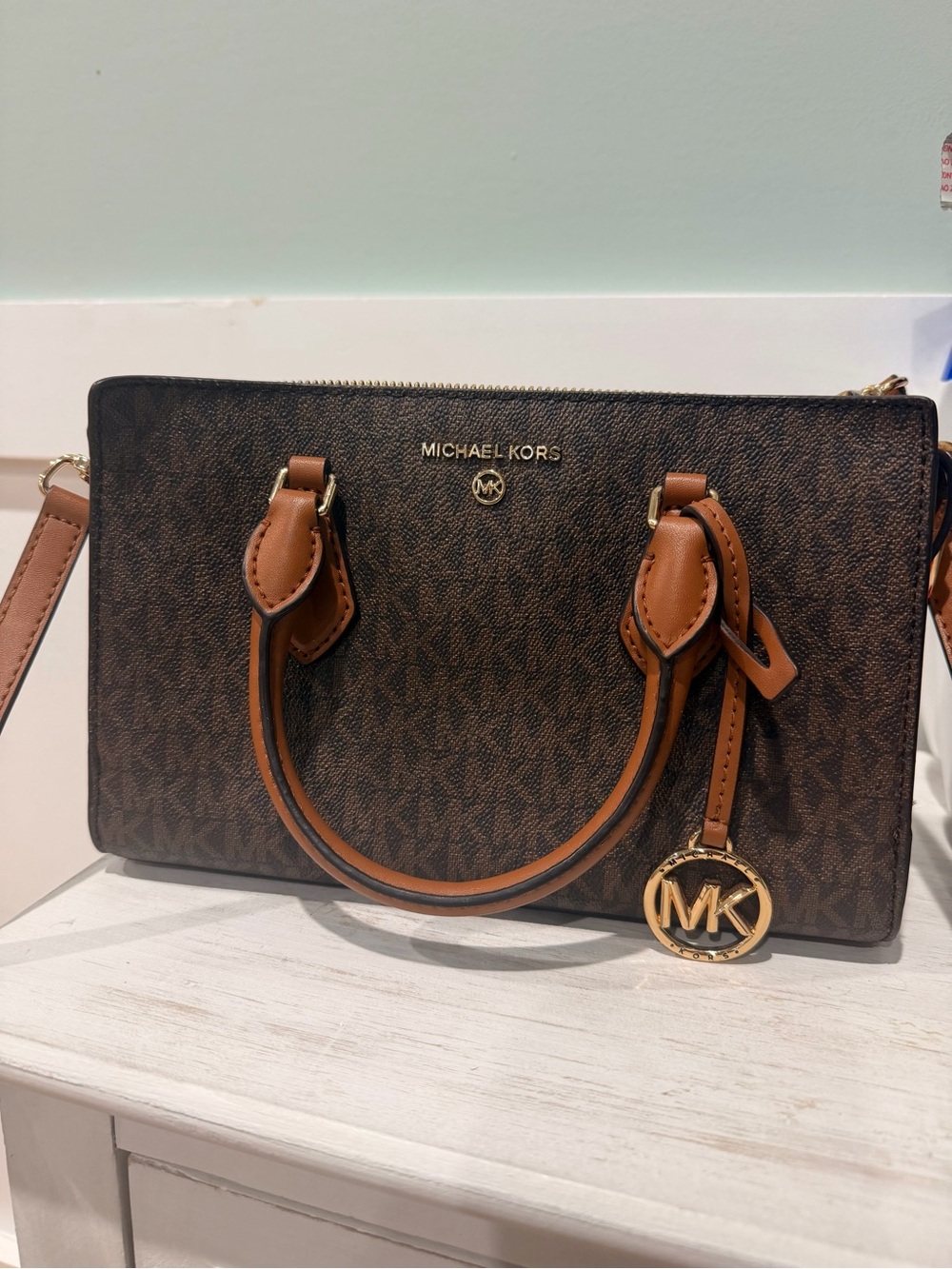 Michael Kors Brown and Tan Signature Satchel with Gold Hardware